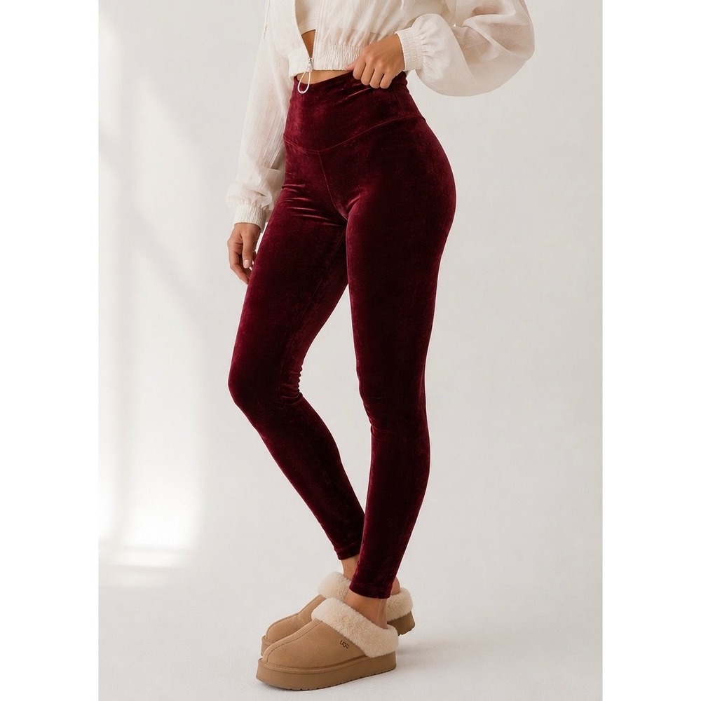 Spanx Velvet Leggings Burgundy Wine High Waist Shaping Pants XL